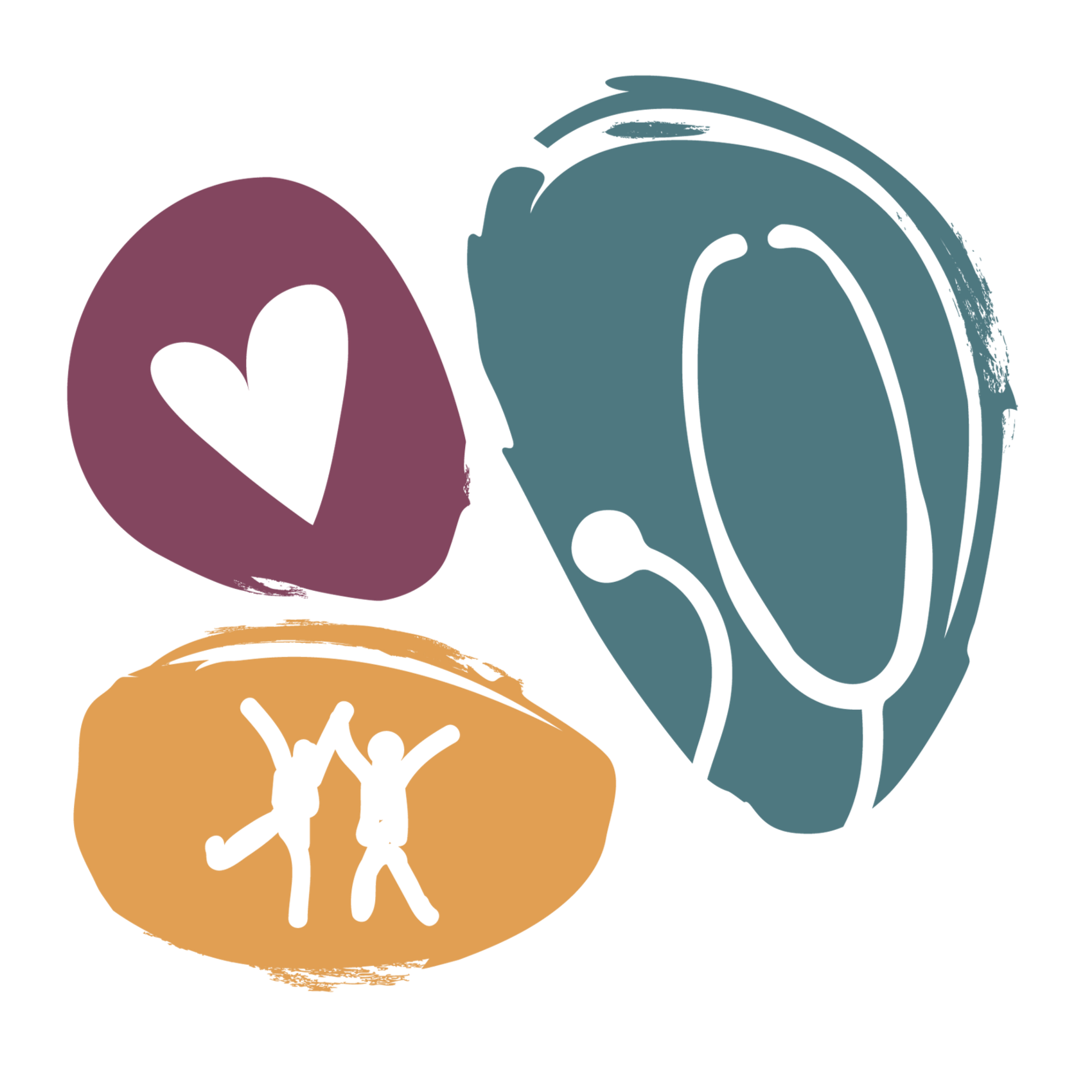 Logo with heart, stethoscope, and figures with arms raised, in a palette of purple, blue, and orange.