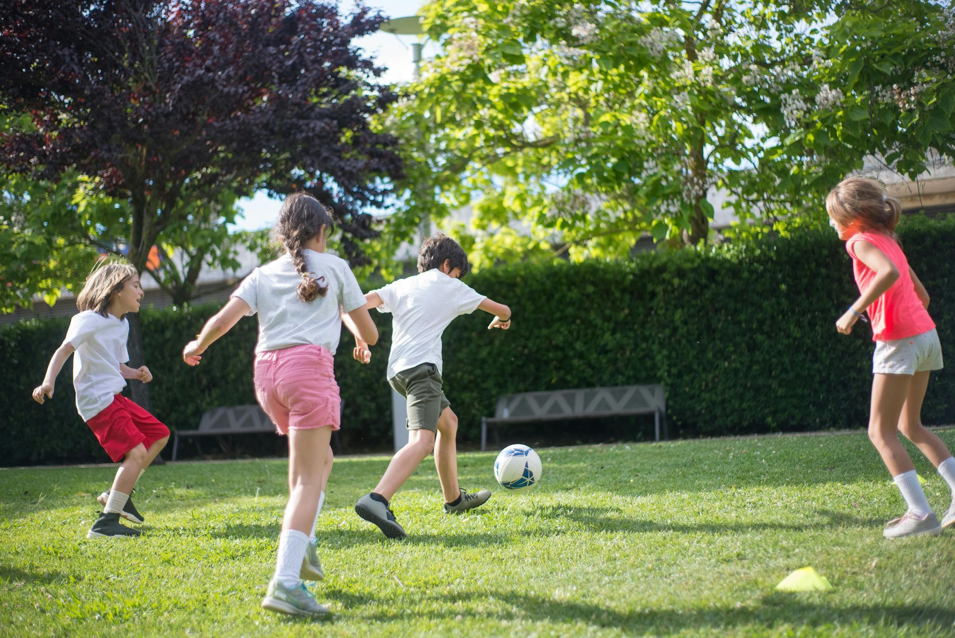 Children playing soccer on a grassy lawn with trees and a low hedge in the background.