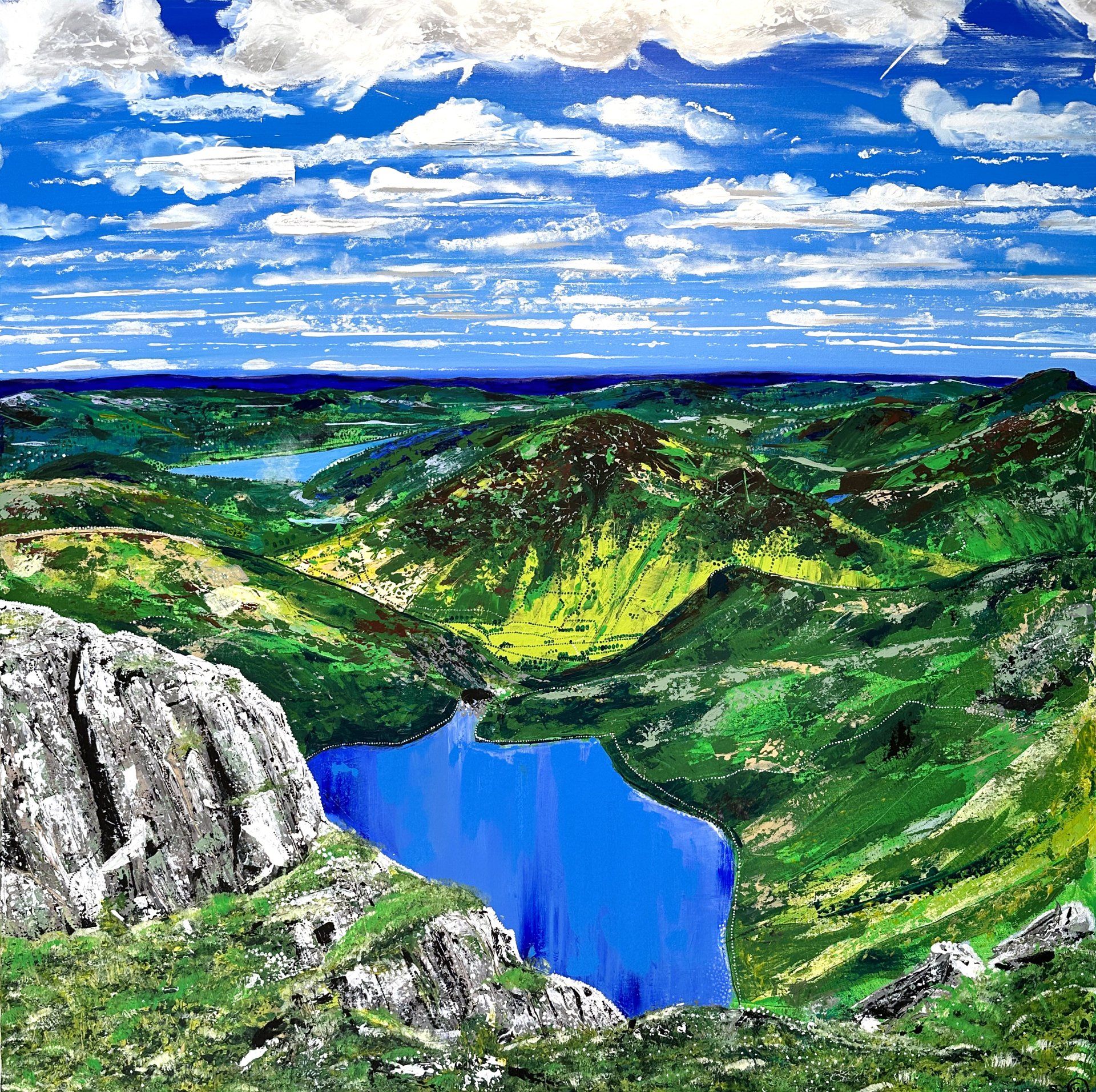 Large contemporary painting of the Pavy Ark looking over Sickle Tarn in The Lake District England, including inspiration of Aboriginal dot art, encapsulating the spiritual aspect of nature within art. Vivid colours painted with pallet knife.
“Pounding Heart, Quiet Mind” represents the physical and spiritual state of being experienced when standing at that point on Pavey Ark, whilst looking down at Stickle Tarn in The Lake District. It tells a story of a journey within ones self and also physically within nature. Climbing to this point is a challenge (pounding heart), but once you reach the top, the quiet all around and within you (quiet mind) is profound and brings a sense of awareness to yourself, life and Mother Nature. Life can be challenging at times, but when we stop and listen to the silence, things which are truly important may call out to us.
