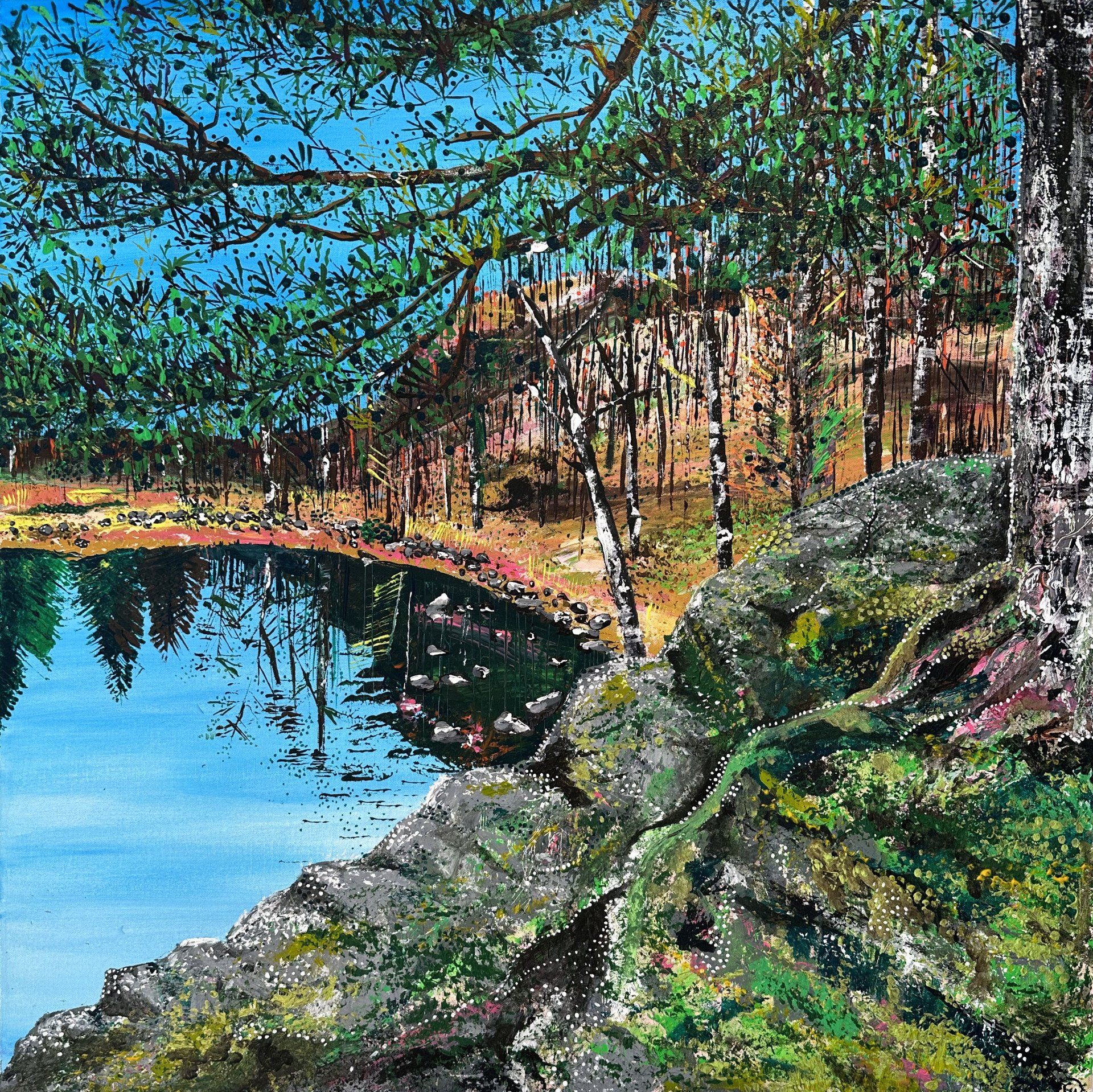 Large contemporary painting of Blea Tarn in The Lake District England, including inspiration of Aboriginal dot art, encapsulating the spiritual aspect of nature within art. Vivid colours painted with pallet knife.
“Rooted in Reflection” is a tribute to the beauty of the trees around Blea Tarn in The Lake District. There is a profound spiritual sense of time and strength of survival here – one which I felt whilst being in, connecting with and painting this location. The tree roots stretch down to the tarn, familiar, like best friends, they’re blanketed in moss – warm and nurtured. Walking around the tarn, within the woodland, one can sense the aliveness of the trees and all that live with them. There is also a sense of deep peace and love within this beautiful place.  
I have painted this using acrylic paint with a pallet knife, which I favour for the way it applies paint to canvas. This creates textures and a raw imperfection which feels natural and real in connecting with nature. It helps explore beauty in imperfection and the wildness of nature. I also use a fine paintbrush to create the dot detail in the painting. I have drawn inspiration from Aboriginal art. I love how the Aboriginal people represent their spiritual connection to the natural landscape, survival and tell stories in 
their paintings. 