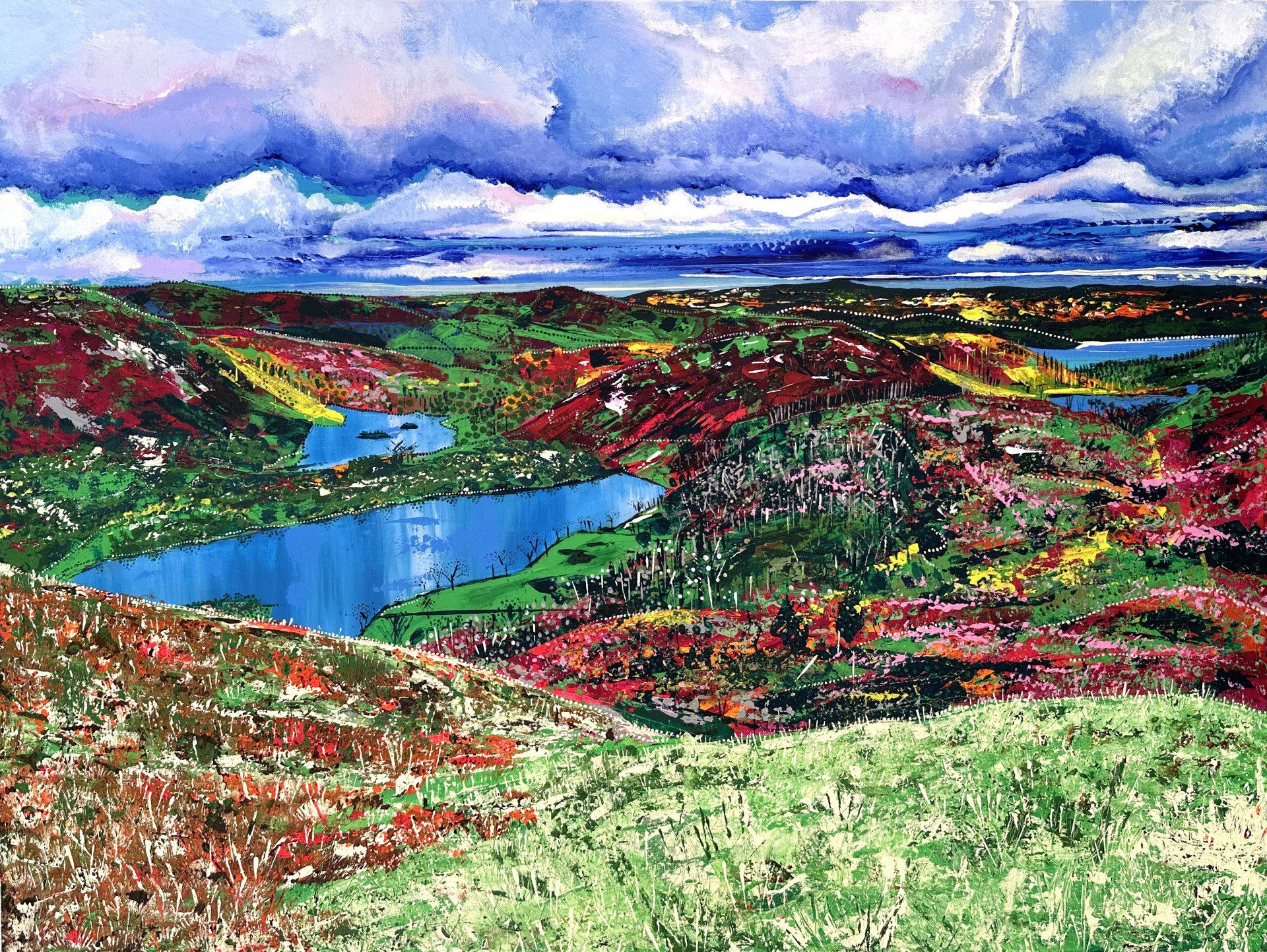 Large contemporary painting of Grasmere looking to Windermere in The Lake District England, painted with my fingers and including inspiration of Aboriginal dot art, encapsulating the spiritual aspect of nature within art and the beauty of the natural world. Vivid colours painted with pallet knife.
“Winter Kaleidoscope”, Grasmere looking to Windermere represents the ever changing array of colours experienced from this viewpoint in The Lake District. Two days prior to the day I stood here, the landscape was blanketed in the stark beauty of snow which had settled on Christmas Day. Standing here at this viewpoint, one may ponder how proud Mother Nature is of her true colours, the re-emergence of her beauty and complexity after being hidden by the monochrome effect of the snow, perhaps her sense of relief too. One may also reflect on how this connects to self and our awareness of our very own kaleidoscope of colours.
