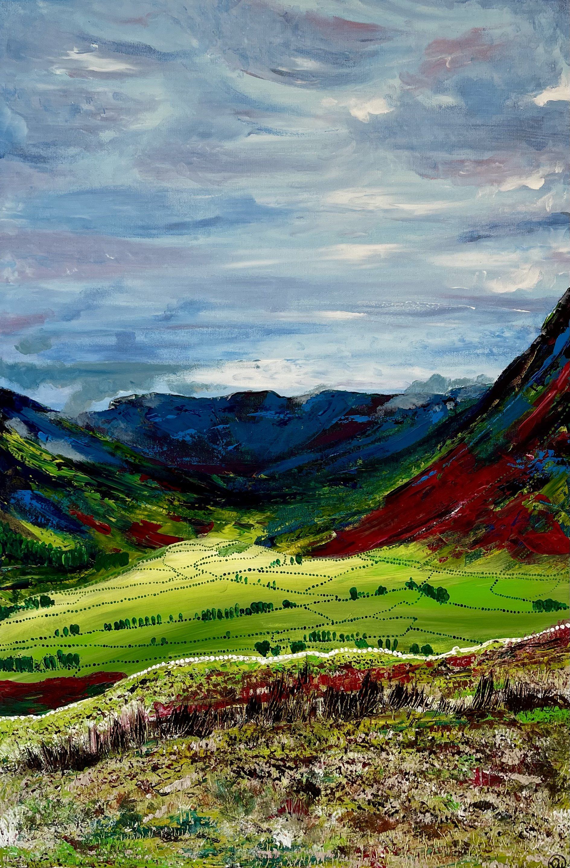 Large contemporary painting of the Great Langdales in The Lake District England, including inspiration of Aboriginal dot art, encapsulating the spiritual aspect of nature within art. Vivid colours painted with pallet knife.
“Ambleside – Great Langdale” is one of those spectacular views which stops you unexpectedly in your tracks if you happen to look back during your journey towards Blea Tarn. It’s a vast, dramatic scene and one feels encompassed by the grandeur of the majestic mountains surrounding you, nurturing you and bringing the realisation that you are only a mere speck within the bones and history of Mother Nature within The Lake District. 