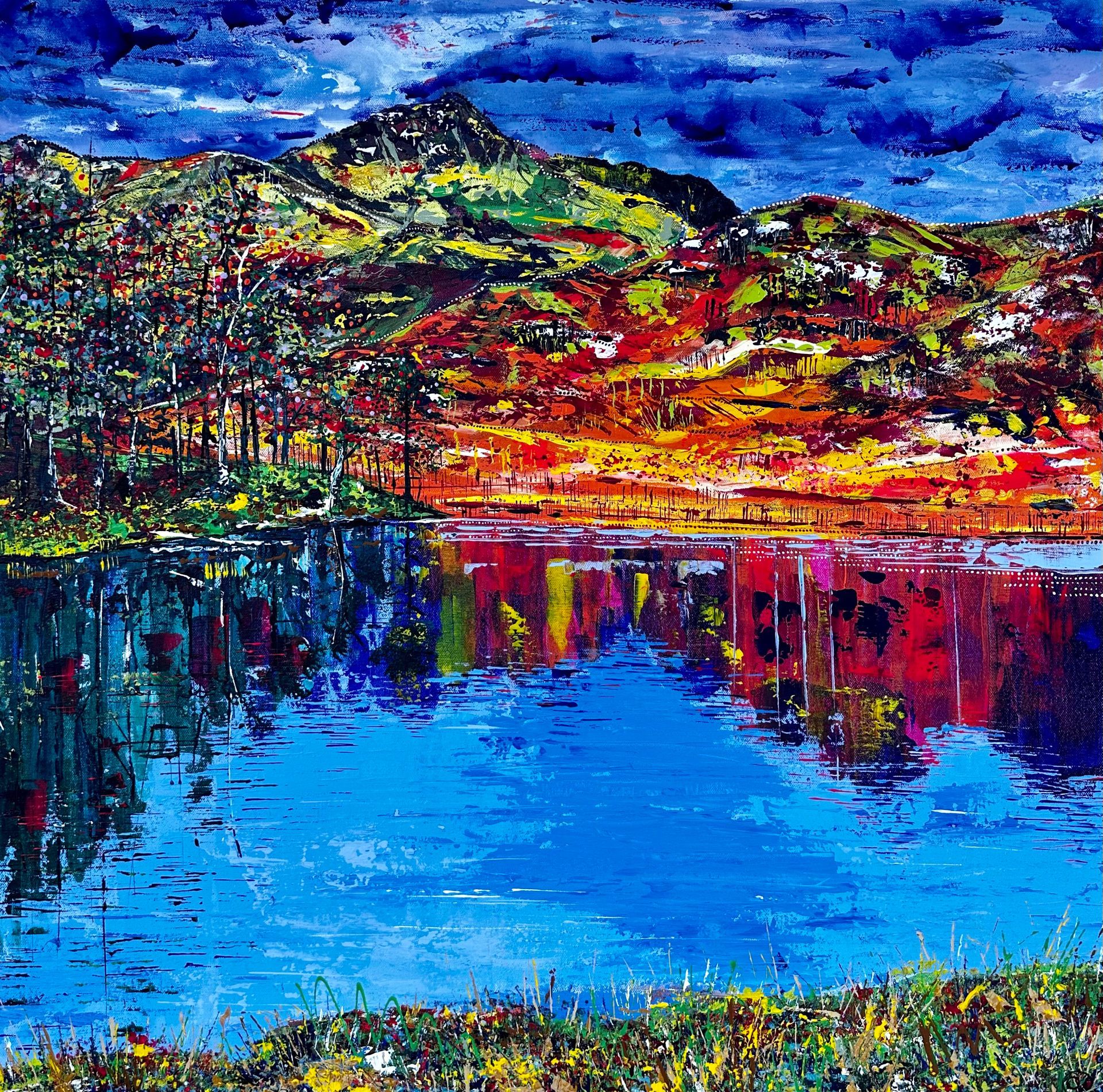 Large contemporary painting of Blea Tarn in The Lake District England, painted with my fingers and including inspiration of Aboriginal dot art, encapsulating the spiritual aspect of nature within art. Vivid colours painted with pallet knife.
“DIEFIED” – this palindrome, meaning “to make a god”, felt a fitting title for this painting of the Langdale Pikes and it’s reflection in the calm waters of Blea Tarn, Lake District. The majestic mountains standing tall, reaching for the heavens with its rugged peaks and serene valley embodies strength, resilience, and a timeless grace that captivates the soul. The Langdale Pikes reflect their magnificence in Blea Tarn, like inner beauty shimmering in tranquil waters of the human spirit, casting a mirror image of peace, harmony, and profound wisdom. The interplay of the mountain and its reflection in the water symbolises the interconnectedness of the physical and spiritual realms, reminding us that true beauty transcends the tangible and resonates deep within us, stirring the essence of our being with a sense of wonder and reverence.
