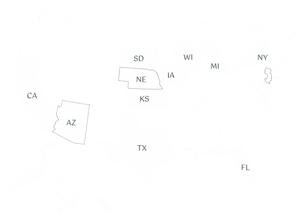 Map of the United States with outlines of states labeled: CA, AZ, SD, NE, KS, IA, WI, MI, NY, TX, and FL.