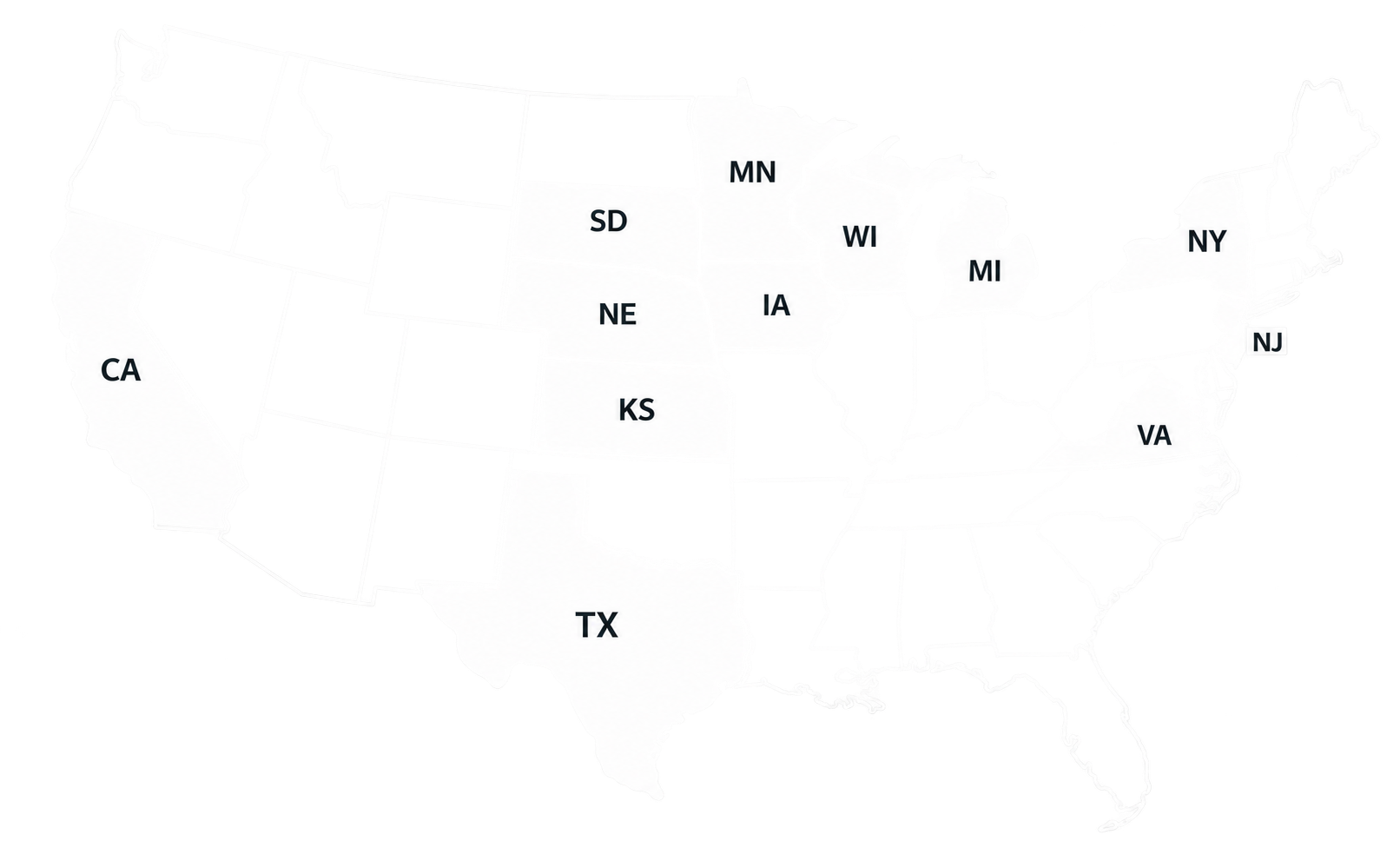 Map of the United States with outlines of states labeled: CA, AZ, SD, NE, KS, IA, WI, MI, NY, TX, and FL.