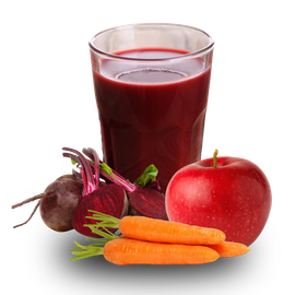 Glass of red juice with beets, apple, and carrots.