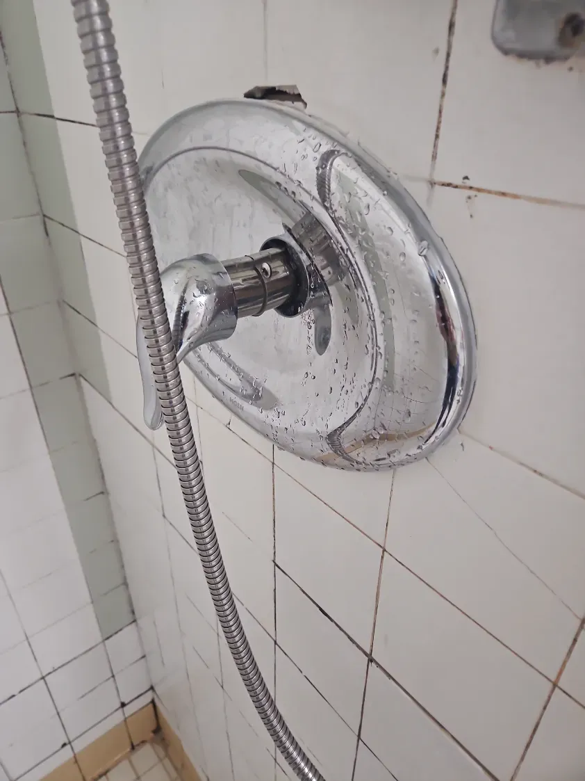 Shower head and hose mounted on a tiled bathroom wall with water stains on the chrome fixture
