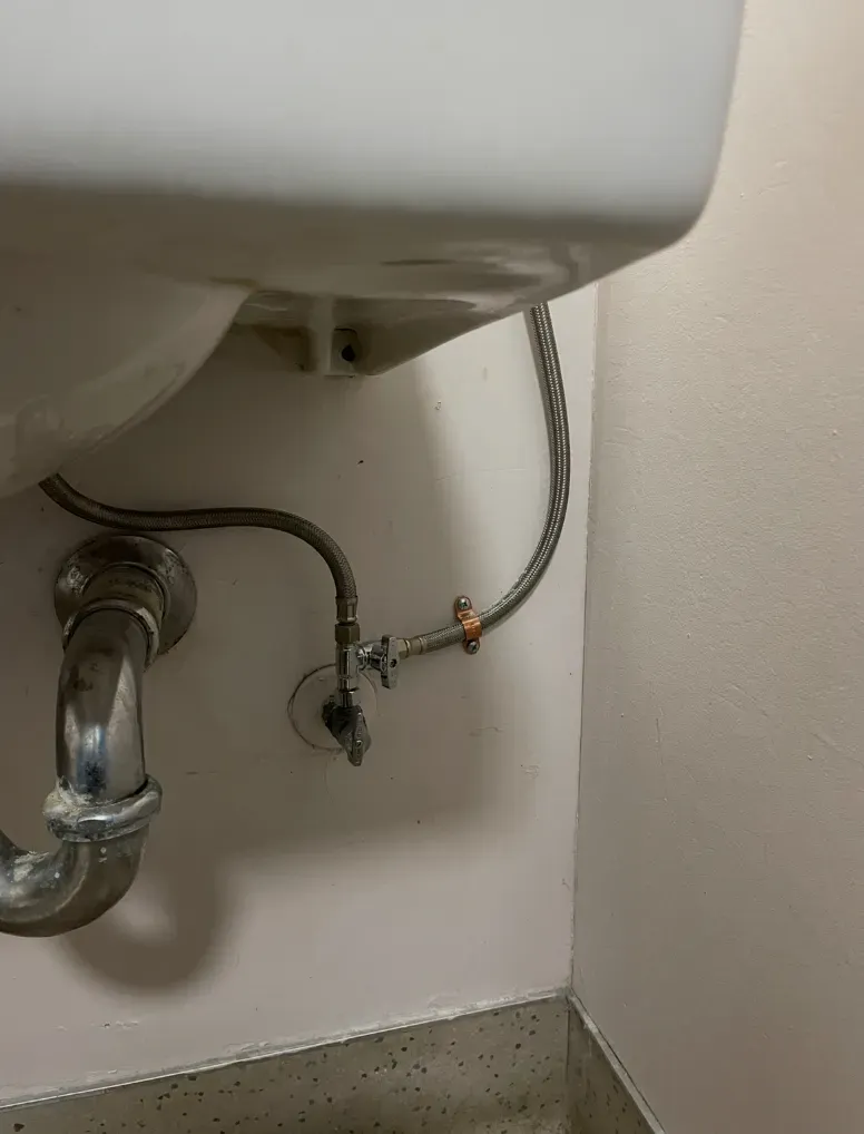 Under-sink plumbing with exposed pipes and a flexible supply line against a white wall.