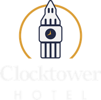 Clock tower hotel logo with a stylized tower inside a gold circle and pale text below.