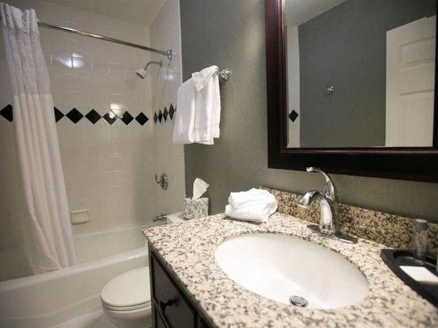 Modern bathroom with granite vanity, large mirror, and tiled shower with black diamond accent strip