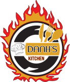 DanH’s Kitchen logo with a flame ring and gold utensils on a black-and-white circle