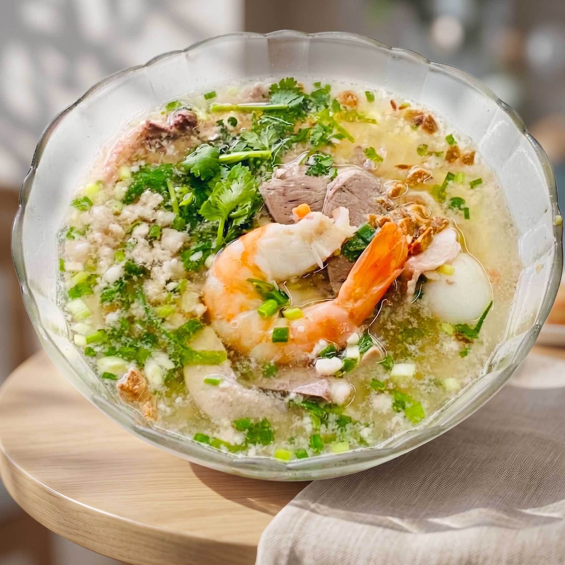 Bowl of seafood rice soup topped with shrimp, herbs, and scallions on a wooden table