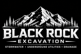 Black Rock Excavation logo with mountain and pine silhouettes on a black background