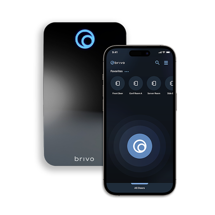 Brivo access control system: A sleek, black reader next to a phone with an app interface, both showing the Brivo logo.