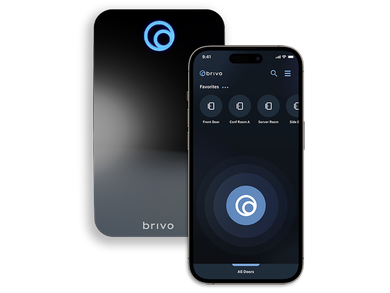A black Brivo access control panel and a smartphone displaying its app interface.