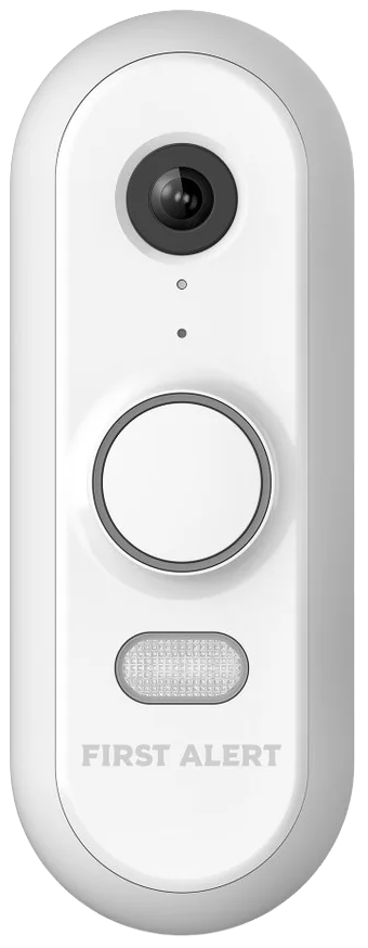 White First Alert video doorbell with a camera, button, and the company name.