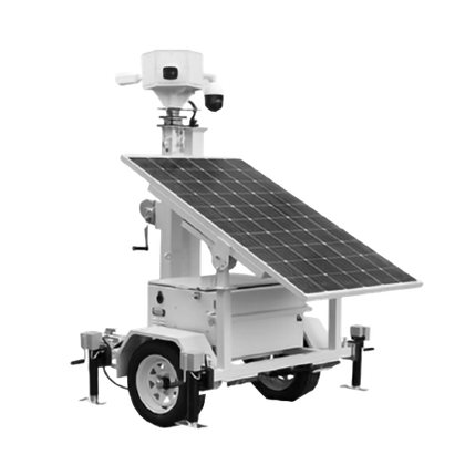 Mobile security unit with solar panel, camera, and trailer, in a white and black setting.
