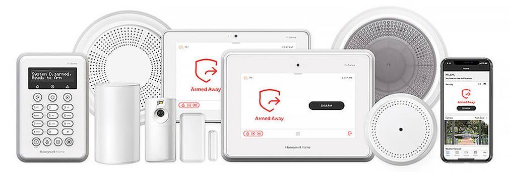 Resideosecurity system components, including a keypad, sensors, tablets, and a smartphone.
