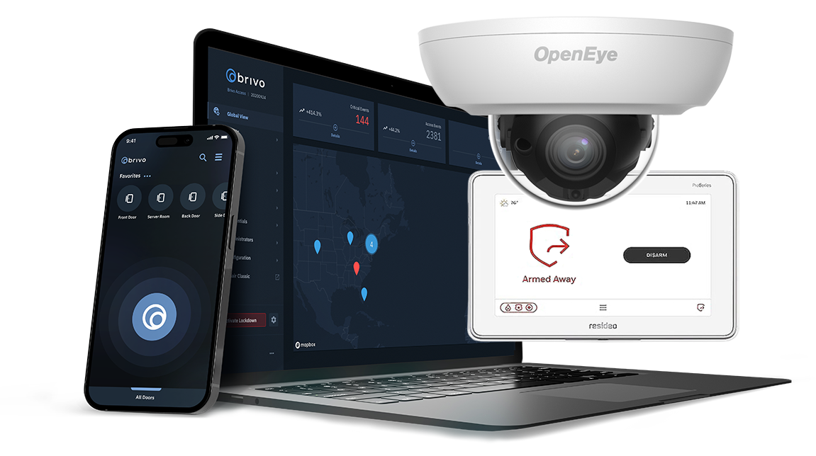 Security system: phone, laptop, tablet, and dome camera displaying system interface.