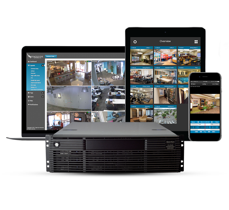 Security camera system: server, laptop, tablet, and phone displaying live camera feeds.