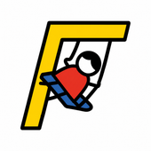 Stylized skier in red and blue sliding under a yellow ski-lift frame