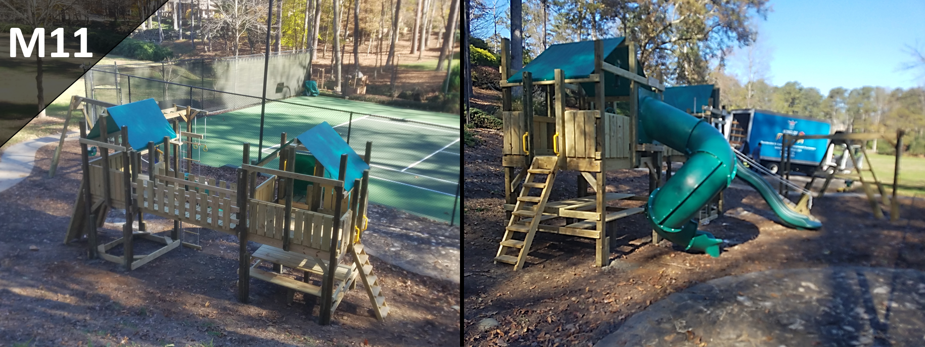 Playground with green slides and climbing structure under trees on a sunny day