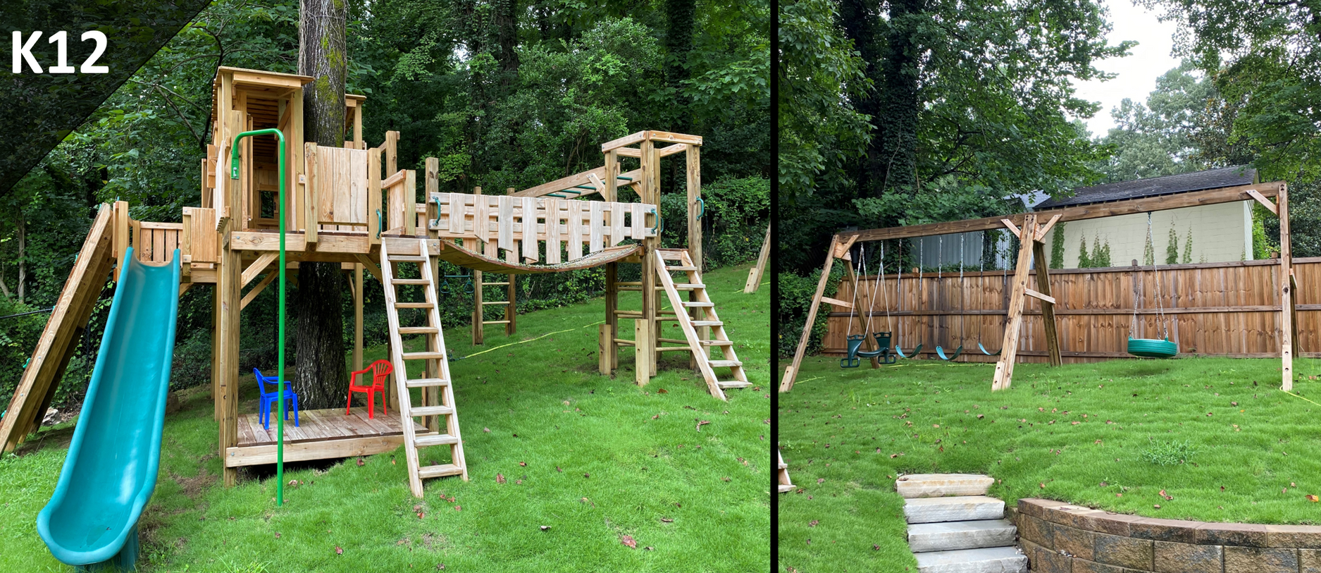 Backyard playground with blue slide, ladders, platforms, and grassy yard beside a wooden fence.