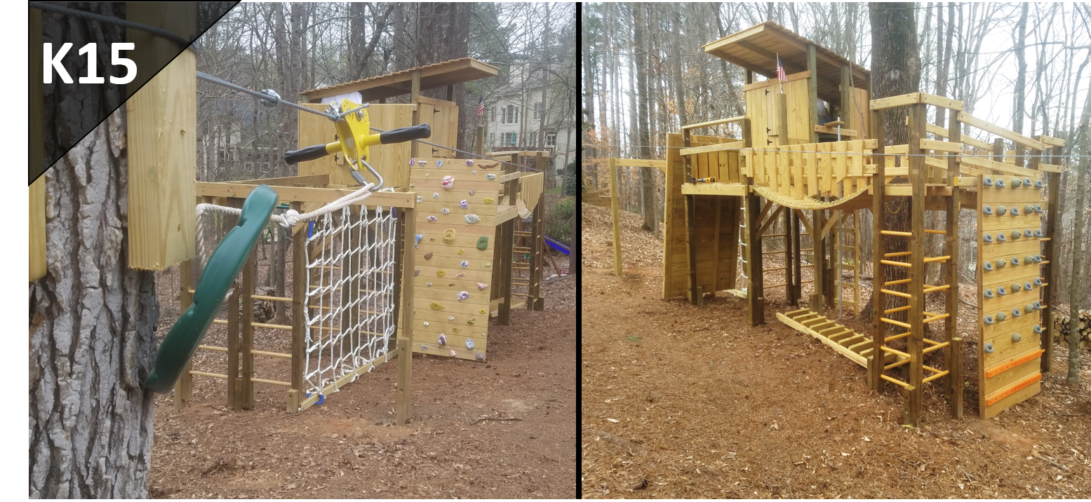 Wooden playground fort with climbing wall, rope net, and slides in a wooded park covered with leaves