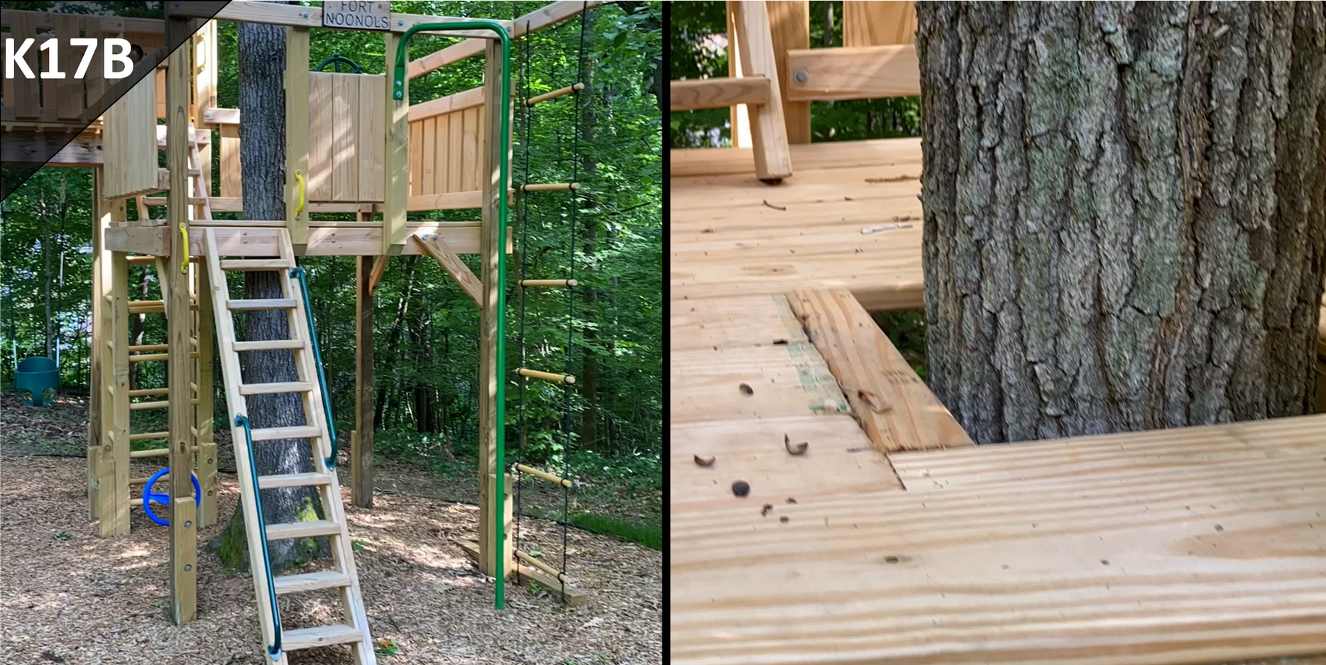 Treehouse platform with a wooden ladder in a wooded yard, shown close-up around the tree trunk.