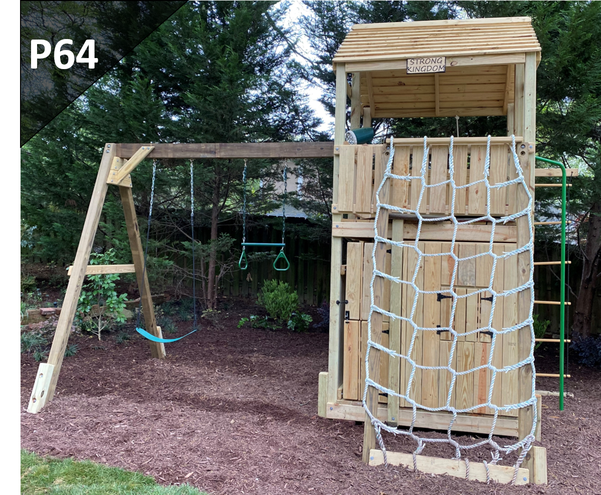Wooden backyard play structure with rope climbing net and swing set under trees