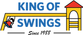 King of Swings logo with blue text, yellow swing set, and “Since 1988” tagline