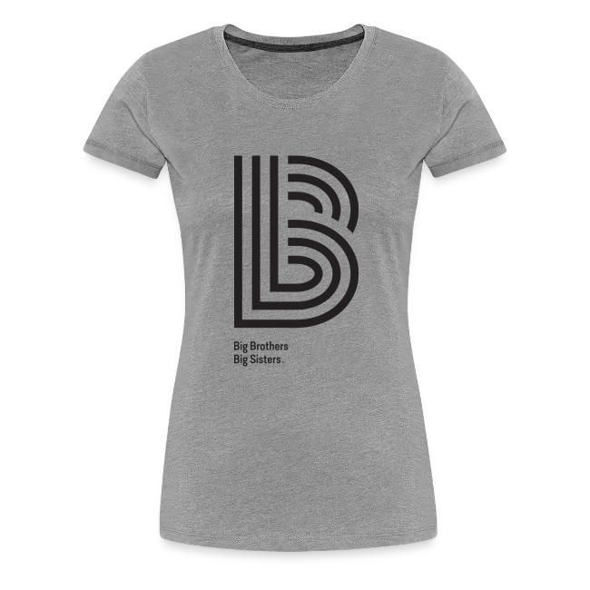 Gray T-shirt with a large black “B” logo and small text beneath it, shown on a white background