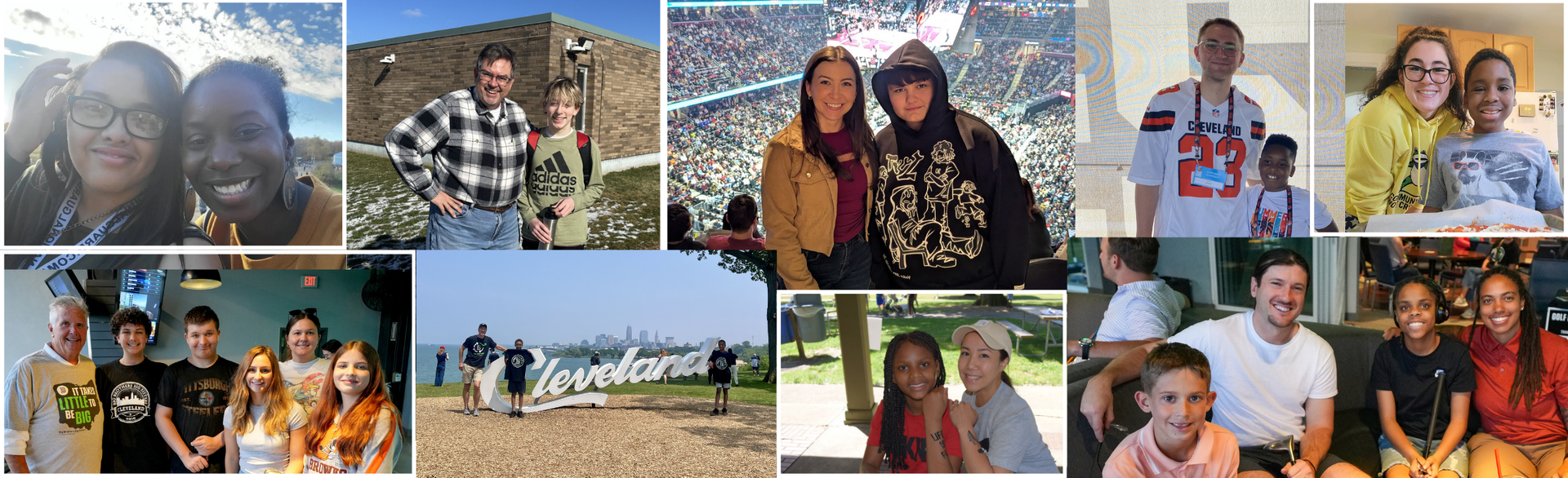 Collage of several group photos of Big volunteers and Littles smiling outdoors and indoors at places around Cleveland, Ohio.
