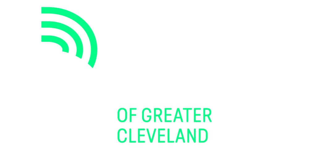 Logo for Big Brothers Big Sisters of Greater Cleveland with green arcs and text on a white background