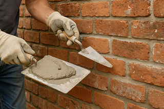 Person in gloves, laying mortar between red bricks with a trowel on a wall.