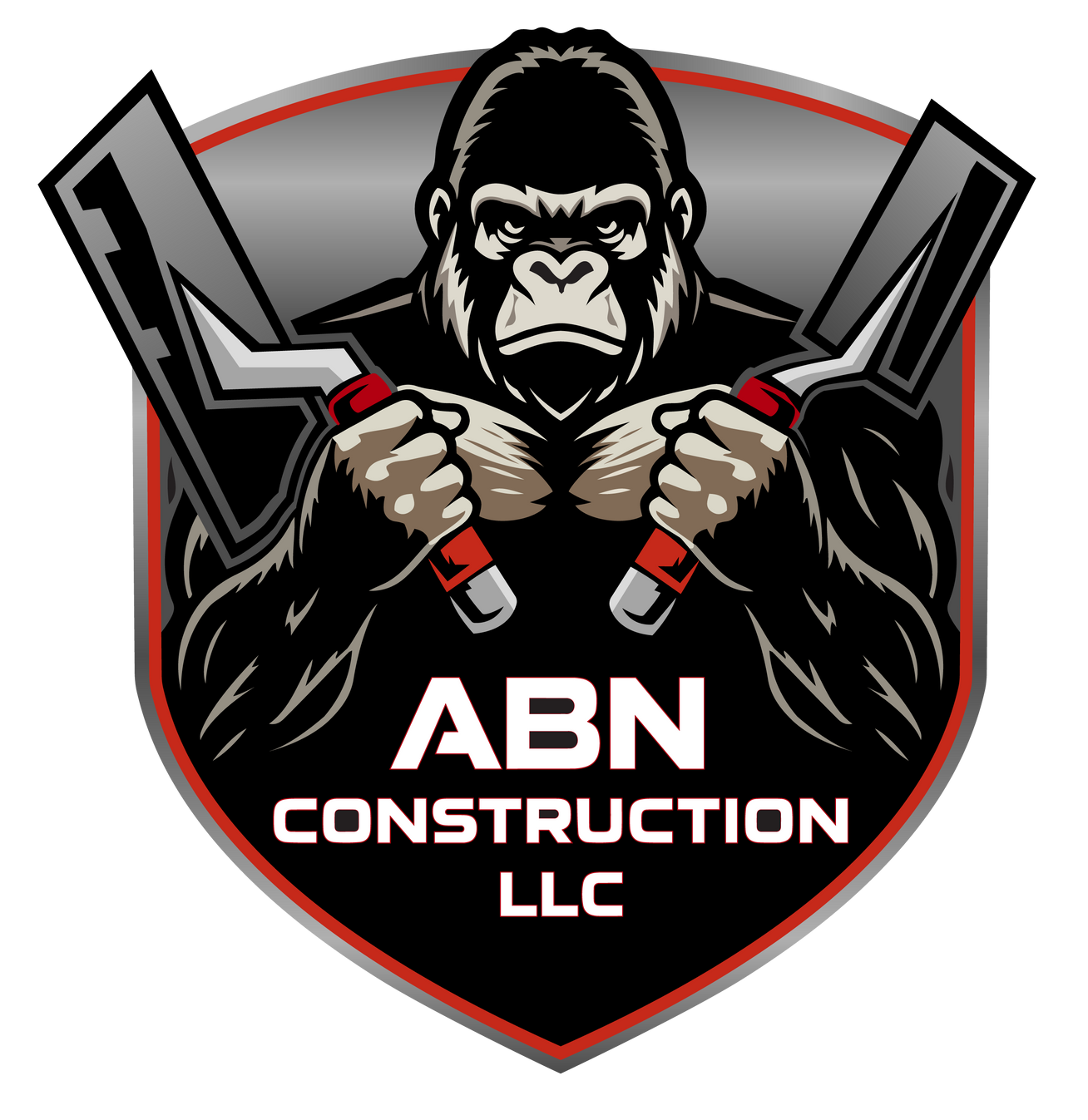 Logo for ABN Construction LLC, featuring a gorilla holding two trowels.
