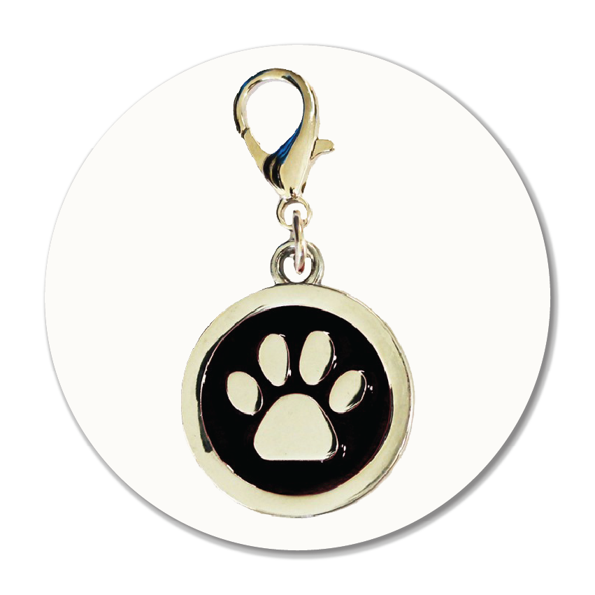 Circular Black Pet Tag with chrome paw print