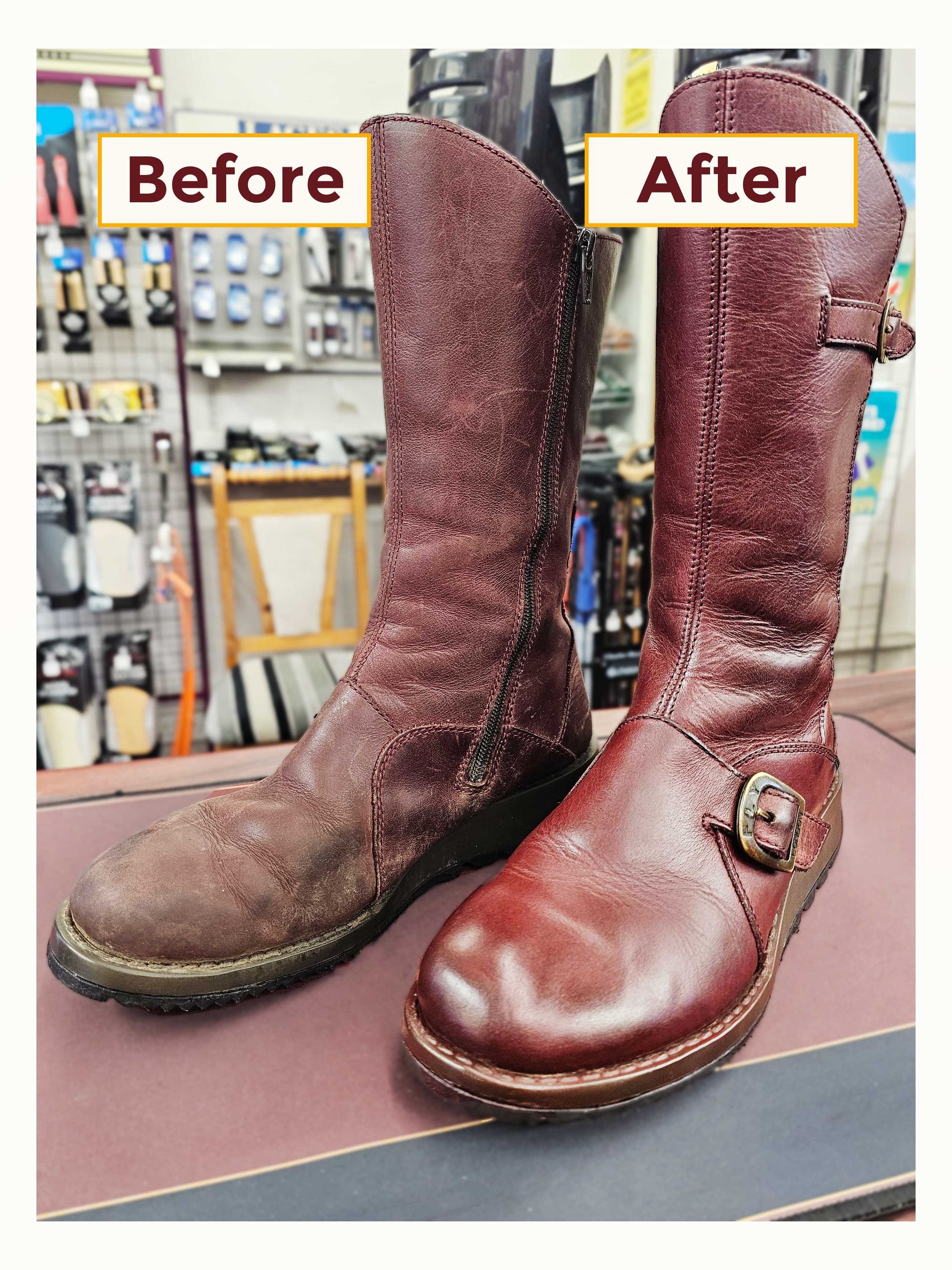 Before and after picture of burgundy boots being polished at Sole to Sole, Edgeley
