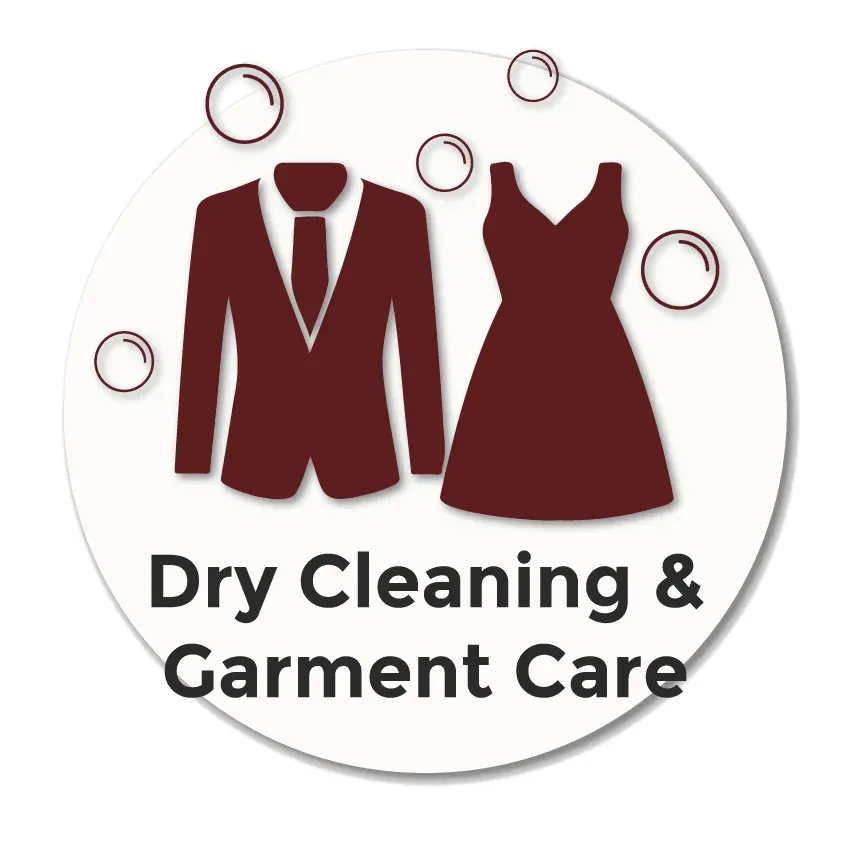 Icon showing a suit and dress with bubbles representing professional dry cleaning, garment care and alterations services in Stockport.