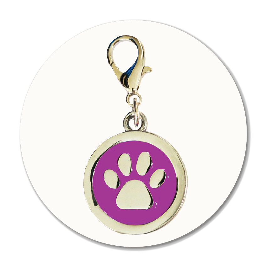 Circular Purple Pet Tag with chrome paw print