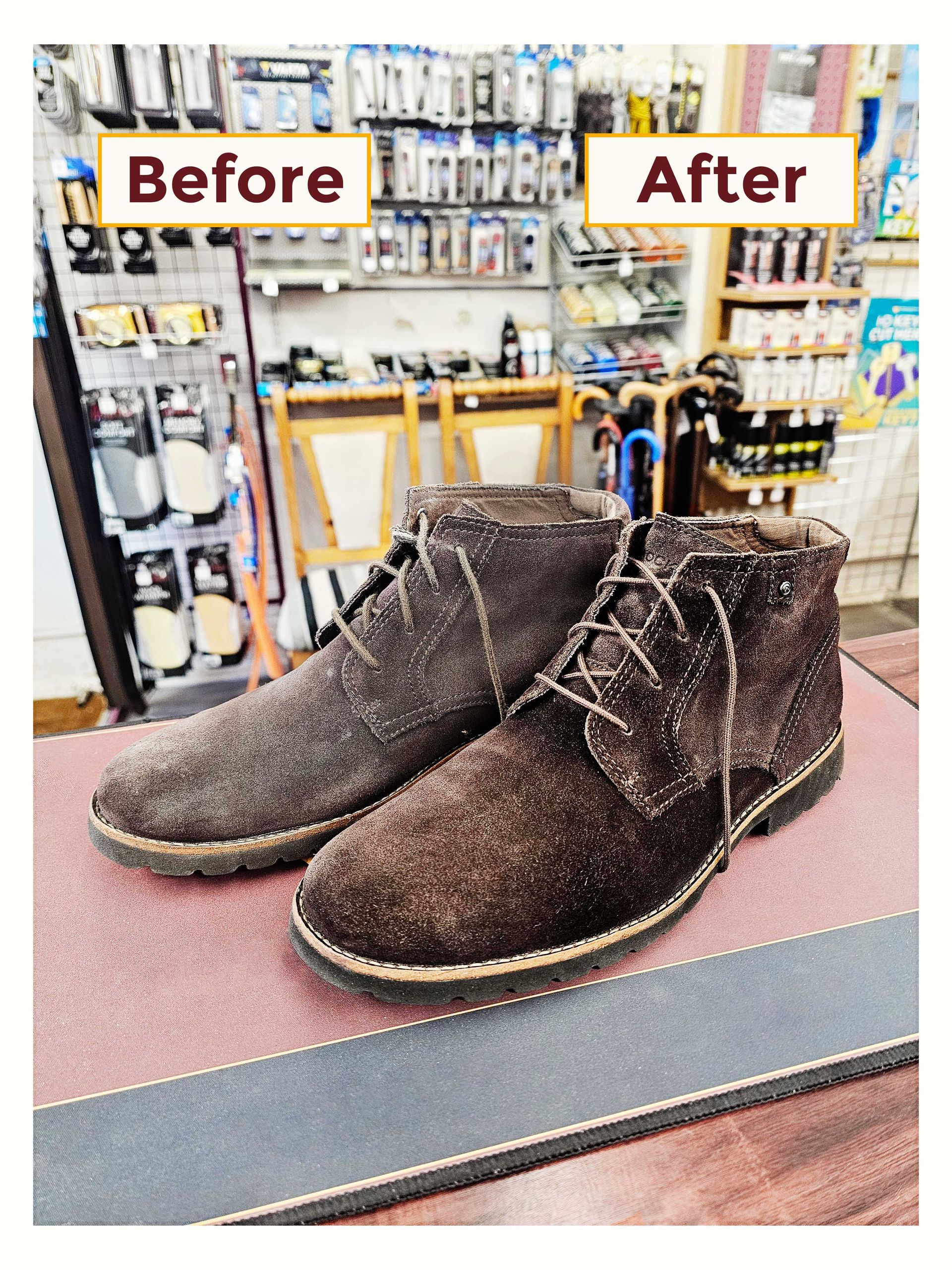 Before and after of brown Suede shoes being cleaned at Sole to Sole, Edgeley