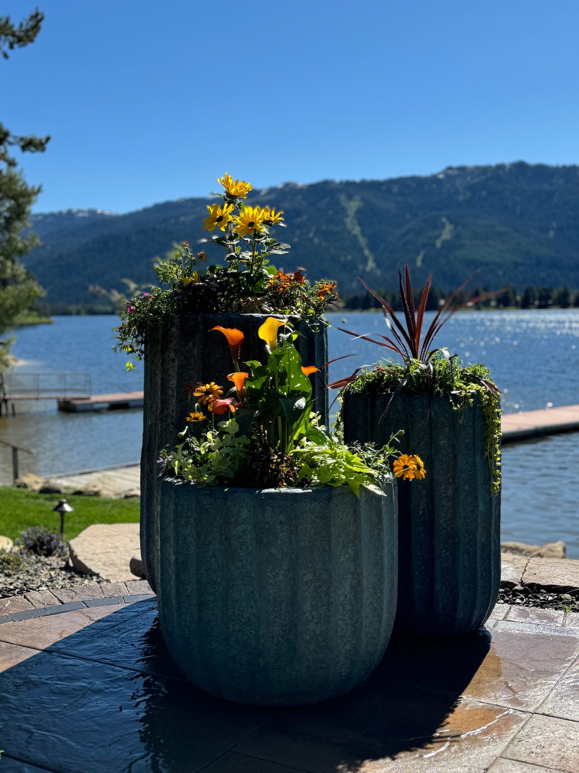 Three planters filled with flowers are sitting next to a body of water