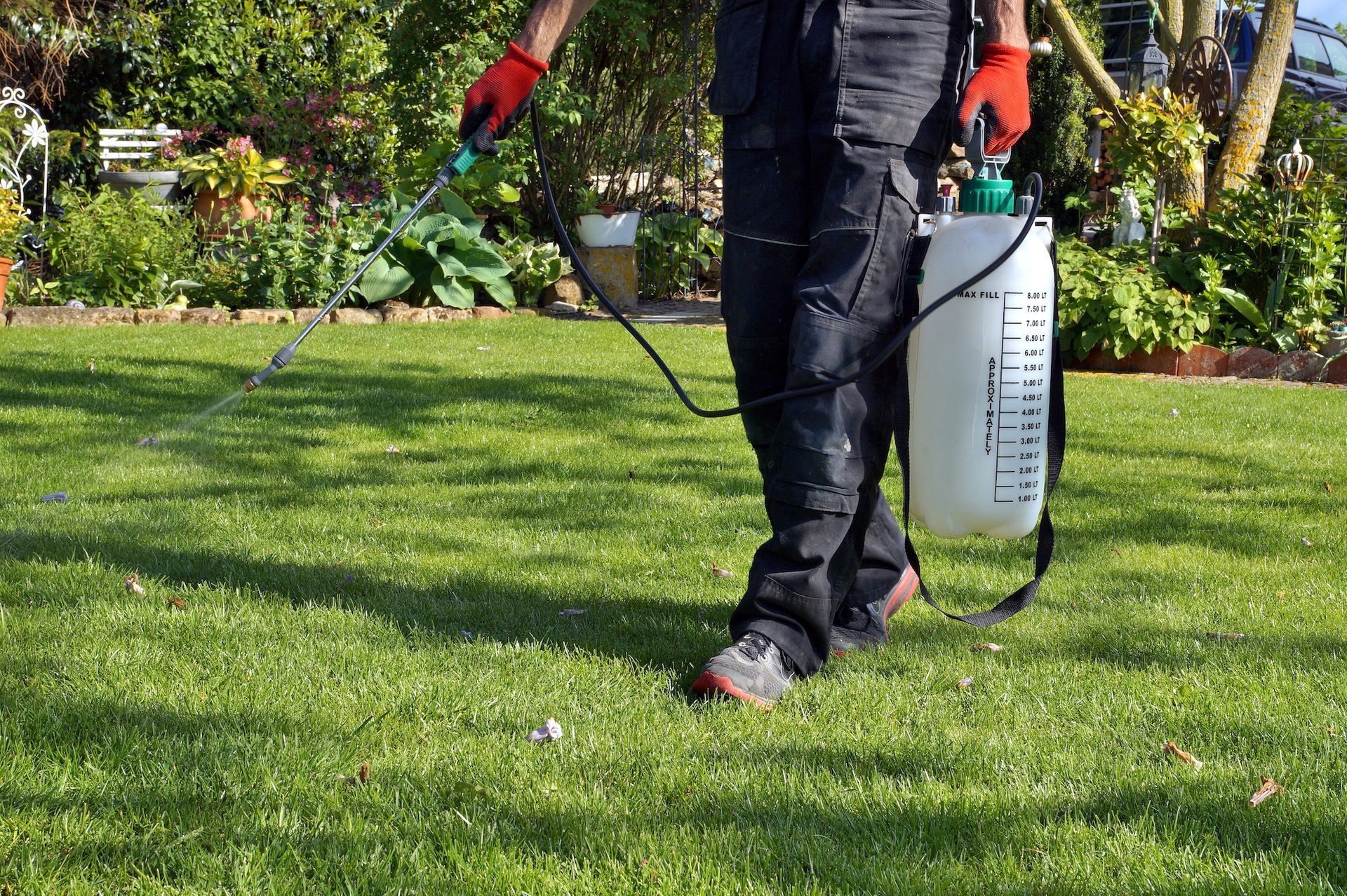 A man is spraying a lawn with a sprayer.