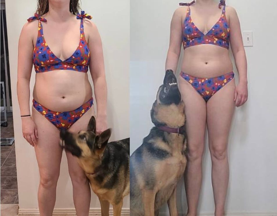 A woman in a bikini is standing next to a dog.