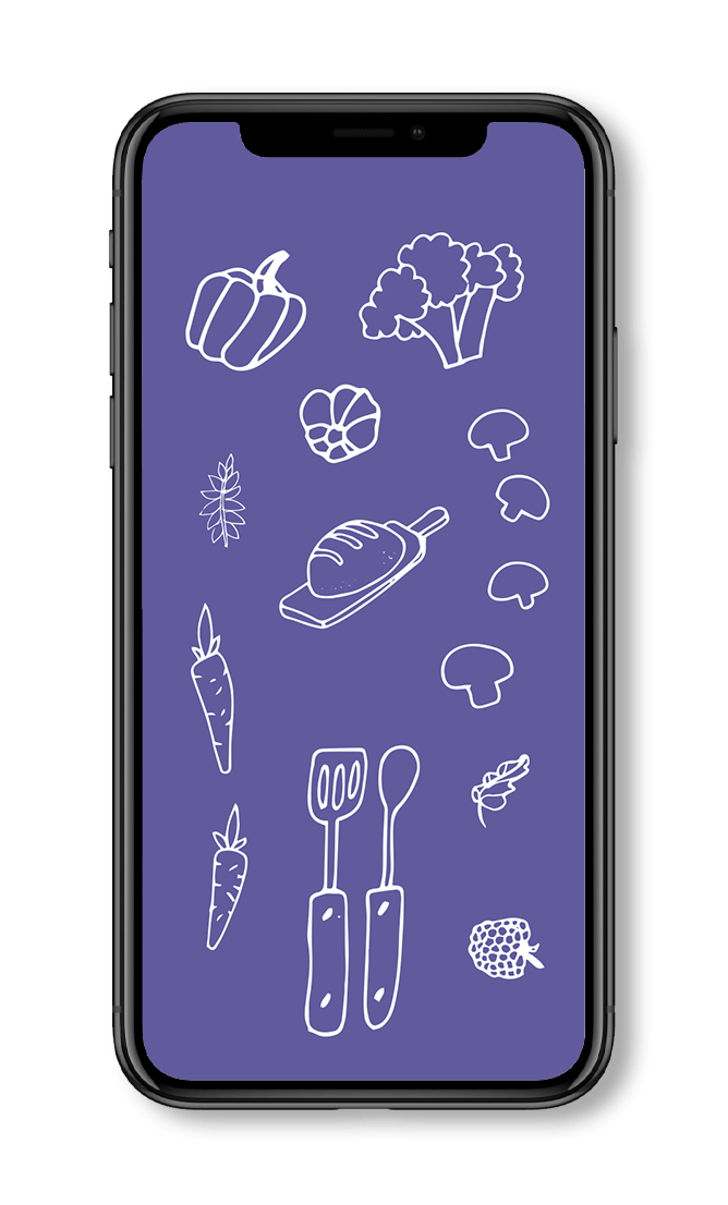 A cell phone with a purple background and a drawing of vegetables and utensils on it.
