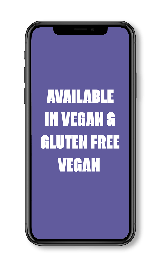 A cell phone with a purple background that says `` available in vegan & gluten free vegan ''.