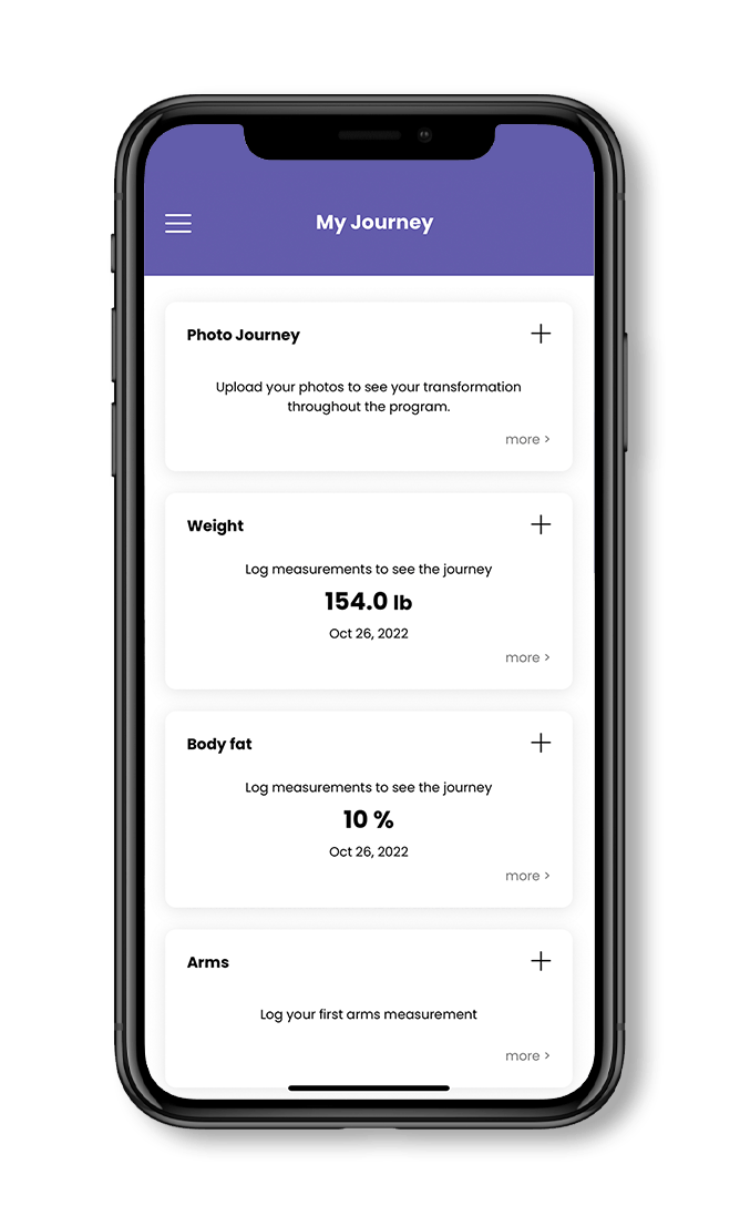 A cell phone with a purple and white app on the screen.