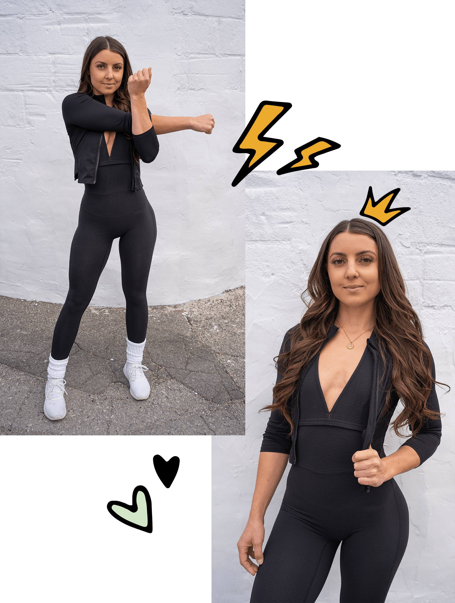 A woman in a black jumpsuit is standing in front of a white wall.