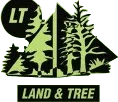 LT Land & Tree logo with black pine tree silhouettes on a pale background