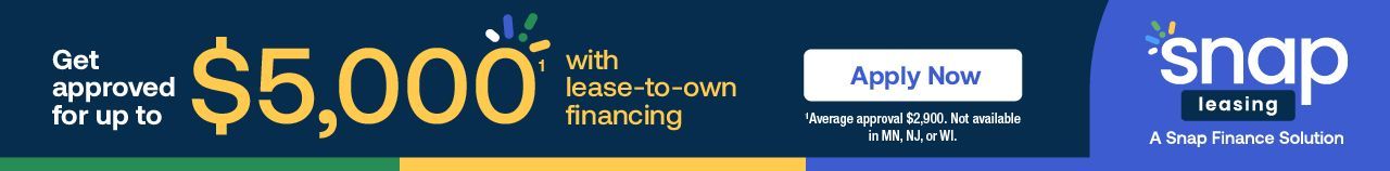 A promotional banner for Snap Finance offering up to $5,000 in lease-to-own financing with an Apply Now button.